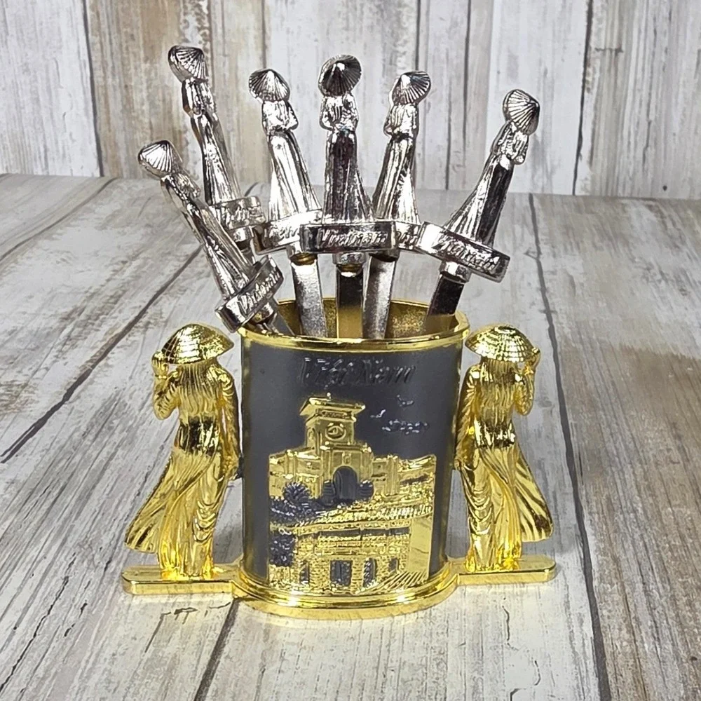 Vietnam Souvenir Appetizer Fork Set 6 Piece Metal Conical Hat Ao Dai Gold Silver